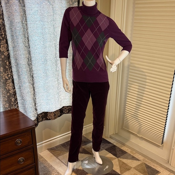 Reitmans Argyle Sweater Cotton Blend Purple Turtleneck 3/4 Sleeves Women’s Sz M - Picture 3 of 13